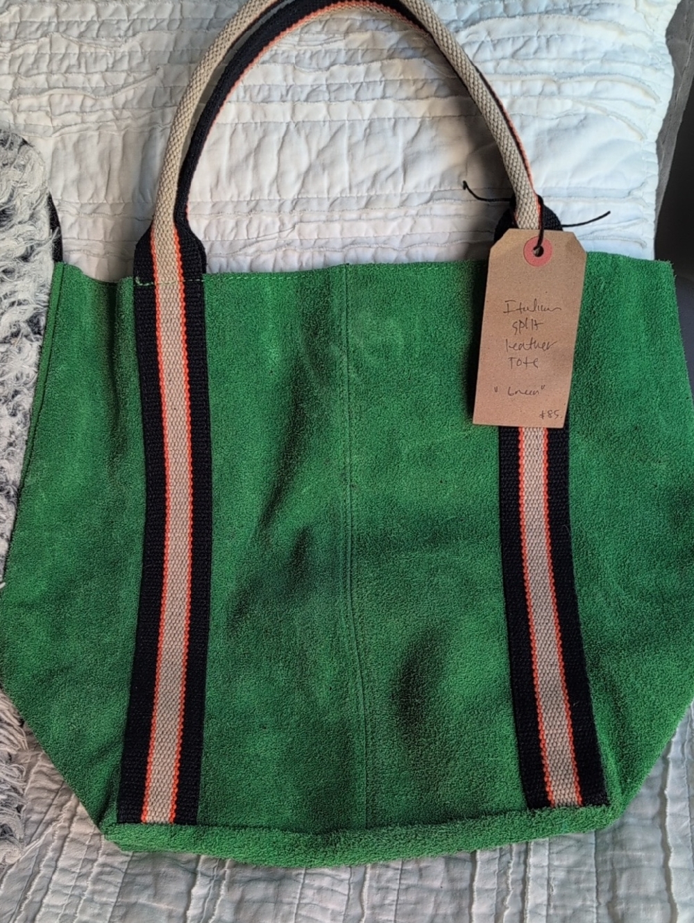 Green Leather Tote Bag with Striped Canvas Webbing Handles
